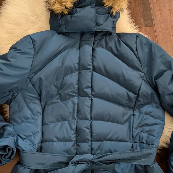 Lands' End Navy Blue Tie Waist Midi Puffer Coat Faux Fur LT Large Tall 14-16 - Picture 3 of 11